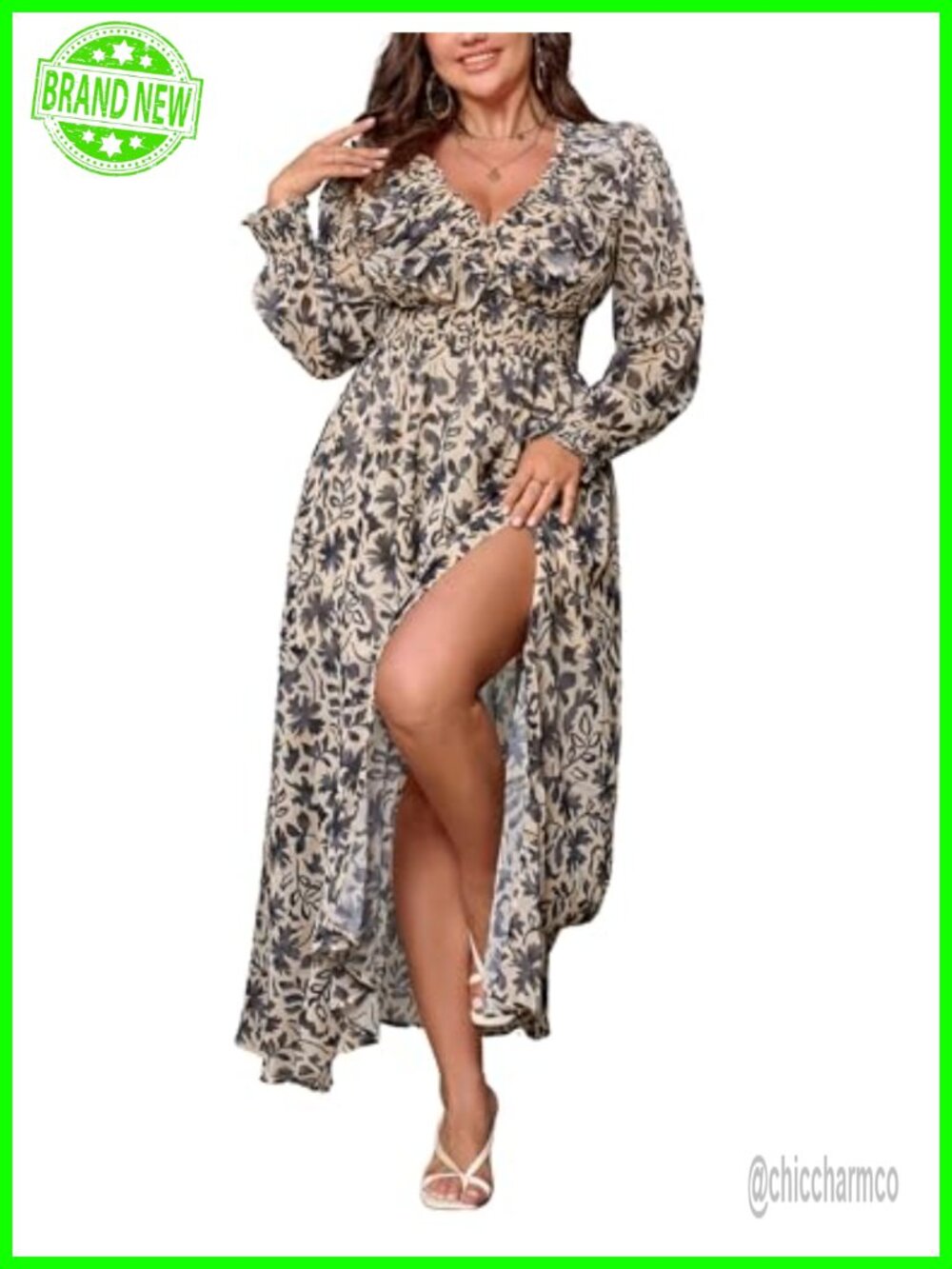 Long Sleeve Chiffon Floral Maxi Dress with Slit for Wedding Guest